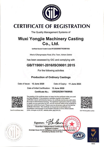 Trung Quốc Wuxi Yongjie Machinery Casting Co., Ltd. Chứng chỉ
