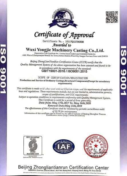 Trung Quốc Wuxi Yongjie Machinery Casting Co., Ltd. Chứng chỉ